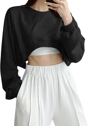 Womens Casual Solid Long Sleeve Loose Round Neck Crop Top Sweatshirt Tops Womens Plus Size Fleece Jacket Oversized Y2K Hoodie