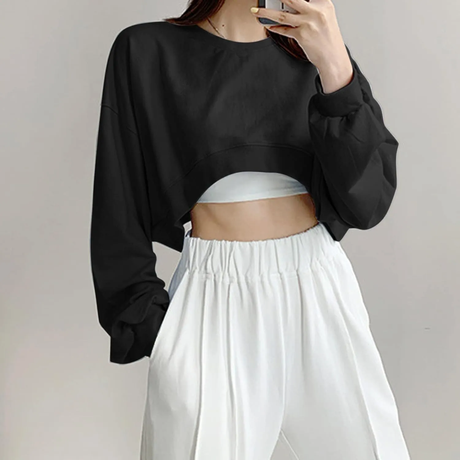 Womens Casual Solid Long Sleeve Loose Round Neck Crop Top Sweatshirt Tops Womens Plus Size Fleece Jacket Oversized Y2K Hoodie