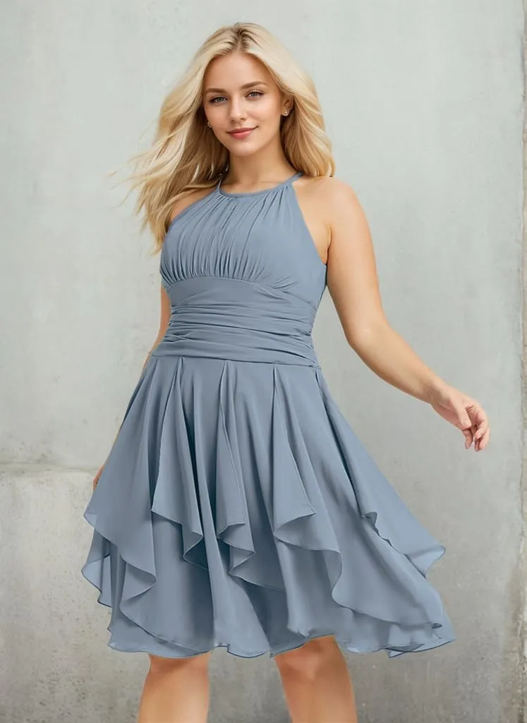 Women's Chiffon Halter Short Bridesmaid Dresses for Wedding A Line Ruffle Pleated Homecoming Dresses for Teens