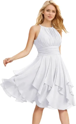 Women's Chiffon Halter Short Bridesmaid Dresses for Wedding A Line Ruffle Pleated Homecoming Dresses for Teens