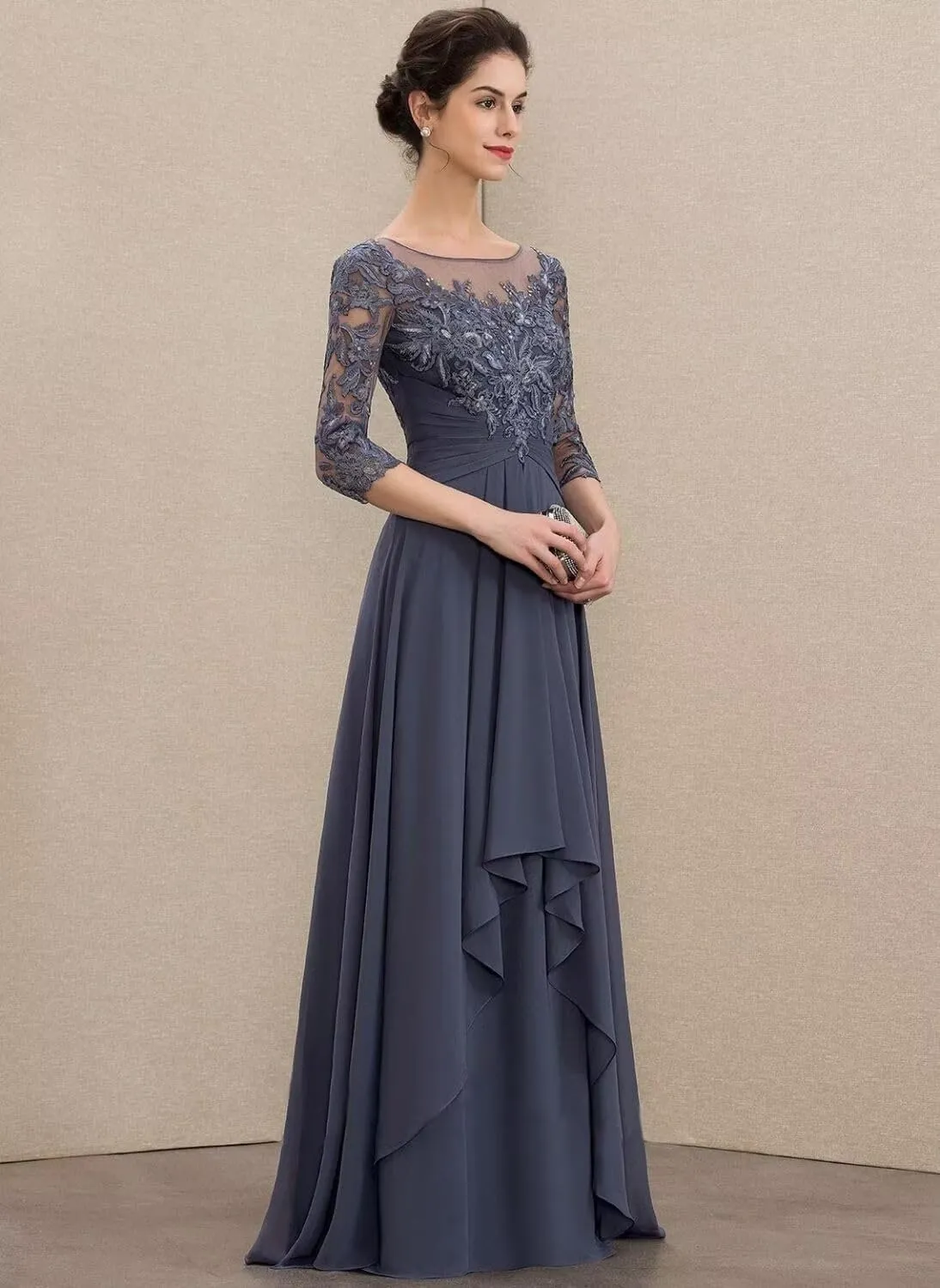 Women's Chiffon Mother of The Bride Dresses for Wedding Lace Appliques Long Sleeve Formal Evening Party Prom Dress