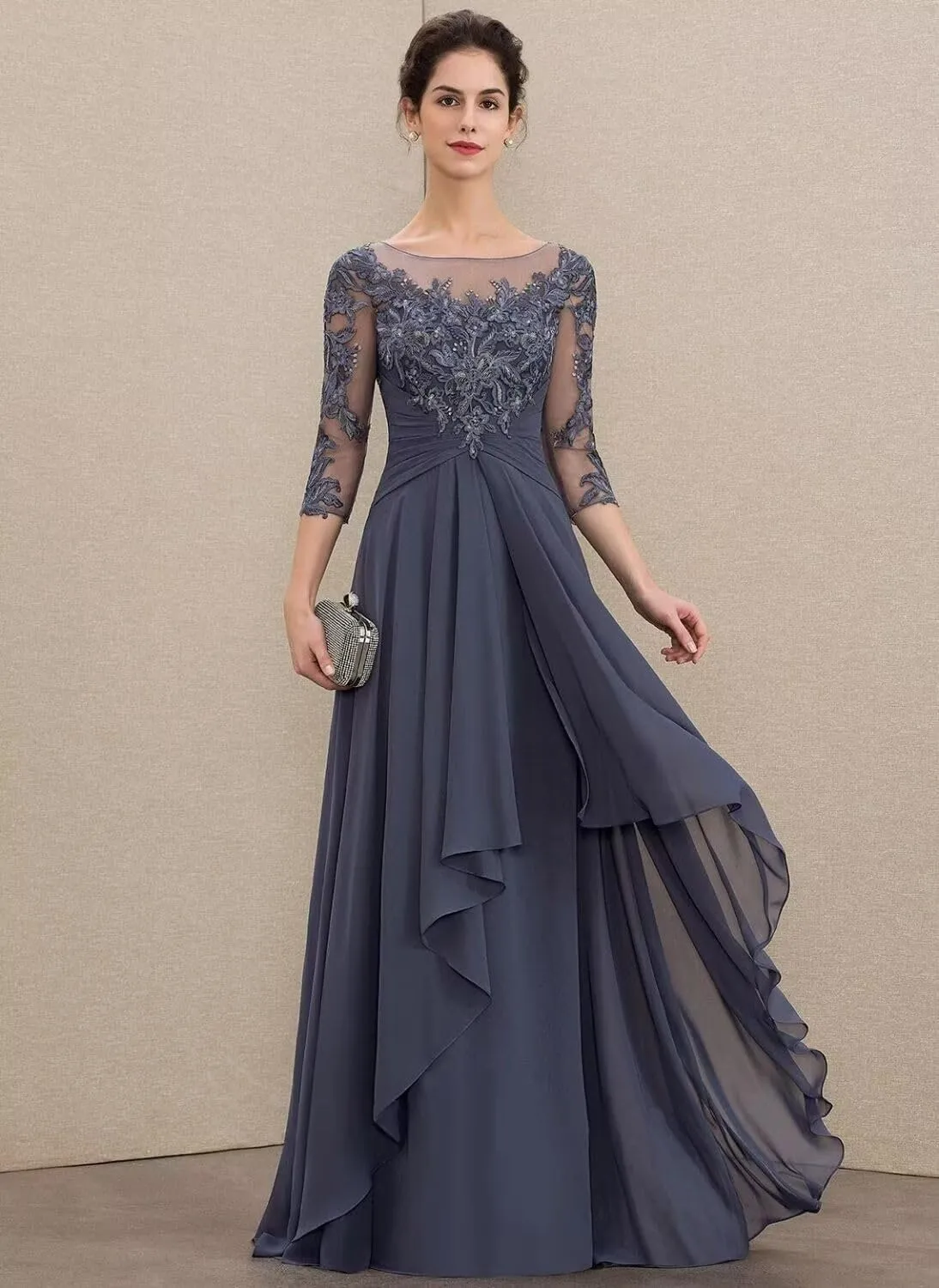 Women's Chiffon Mother of The Bride Dresses for Wedding Lace Appliques Long Sleeve Formal Evening Party Prom Dress