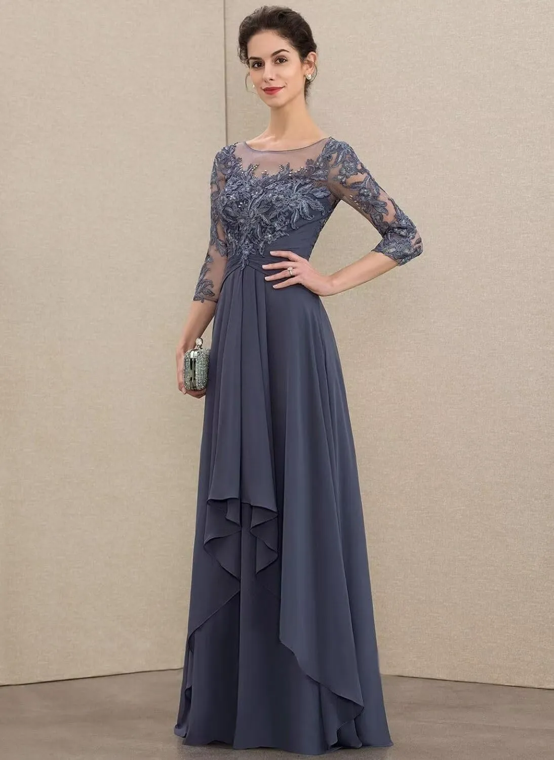 Women's Chiffon Mother of The Bride Dresses for Wedding Lace Appliques Long Sleeve Formal Evening Party Prom Dress