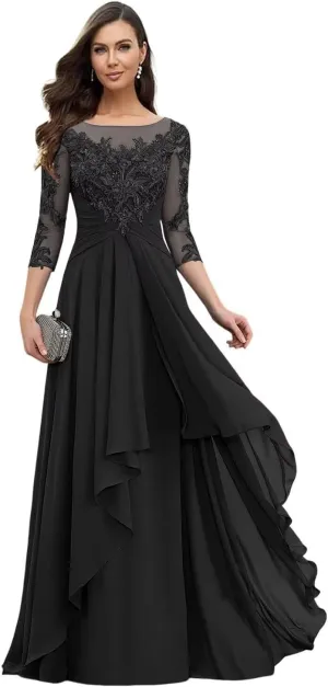 Women's Chiffon Mother of The Bride Dresses for Wedding Lace Appliques Long Sleeve Formal Evening Party Prom Dress