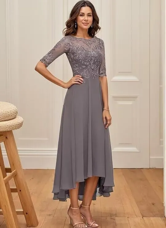 Women's Chiffon Mother of The Bride Dresses with 3/4 Sleeves Short Beaded Lace Appliques Formal Evening Dresses HND005