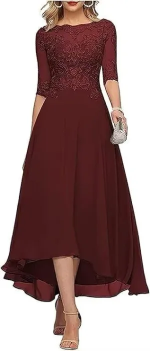 Women's Chiffon Mother of The Bride Dresses with 3/4 Sleeves Short Beaded Lace Appliques Formal Evening Dresses HND005