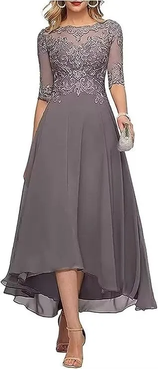 Women's Chiffon Mother of The Bride Dresses with 3/4 Sleeves Short Beaded Lace Appliques Formal Evening Dresses HND005