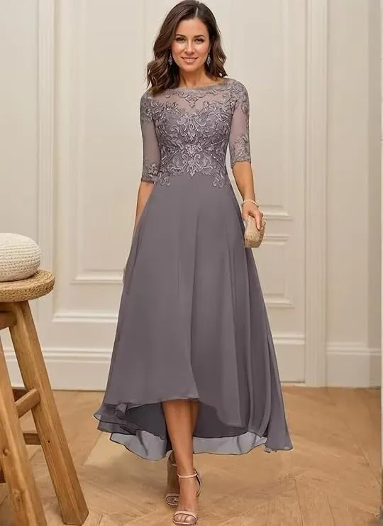Women's Chiffon Mother of The Bride Dresses with 3/4 Sleeves Short Beaded Lace Appliques Formal Evening Dresses HND005