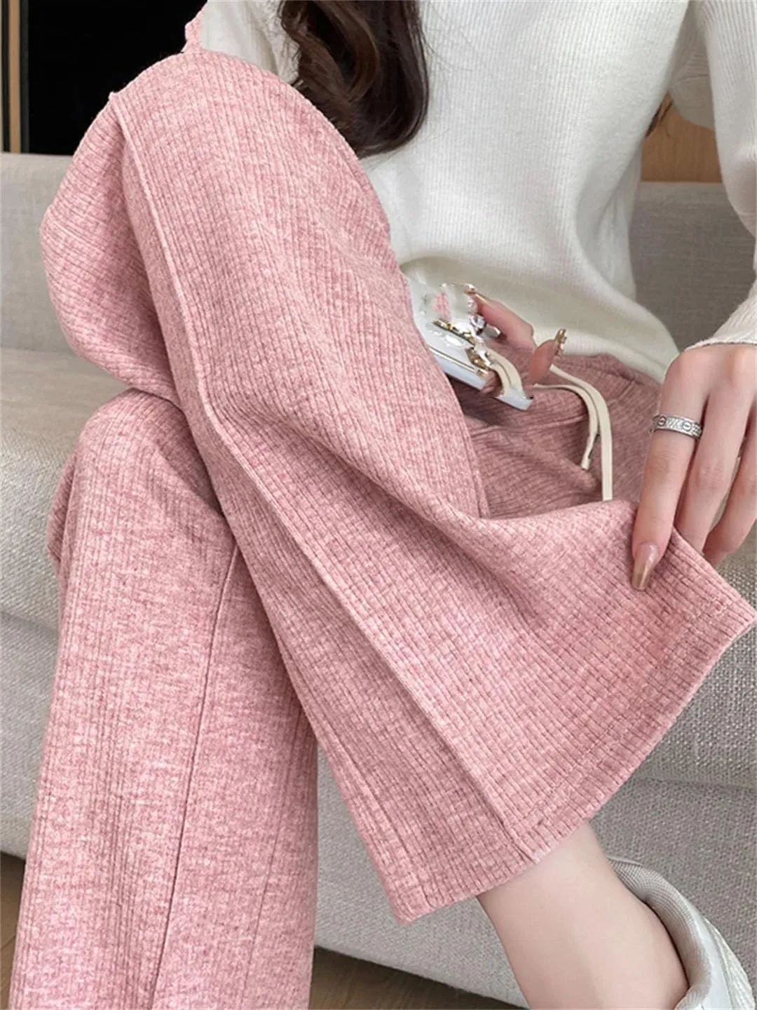 Women's Cotton Straight Leg Pants High Waist Casual Trousers with Pockets Drawstring Loose Fit Full Length