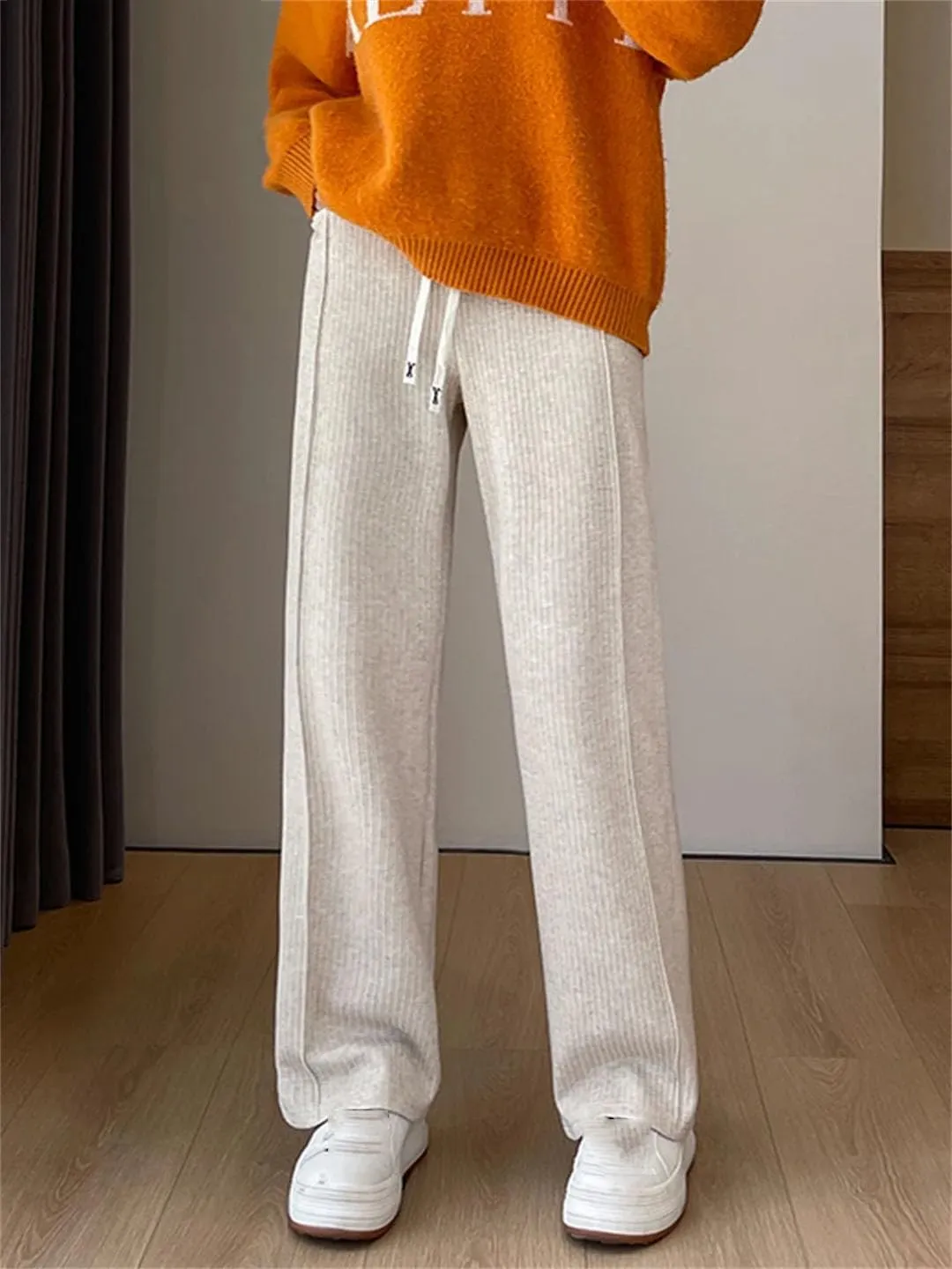 Women's Cotton Straight Leg Pants High Waist Casual Trousers with Pockets Drawstring Loose Fit Full Length