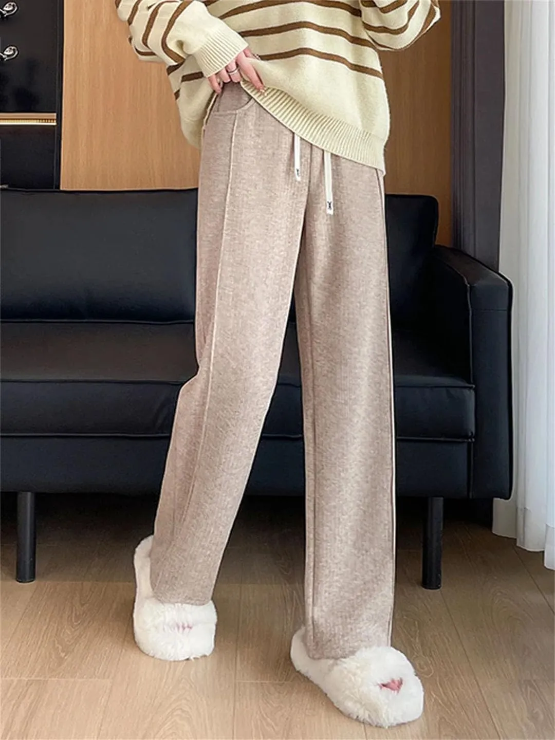 Women's Cotton Straight Leg Pants High Waist Casual Trousers with Pockets Drawstring Loose Fit Full Length