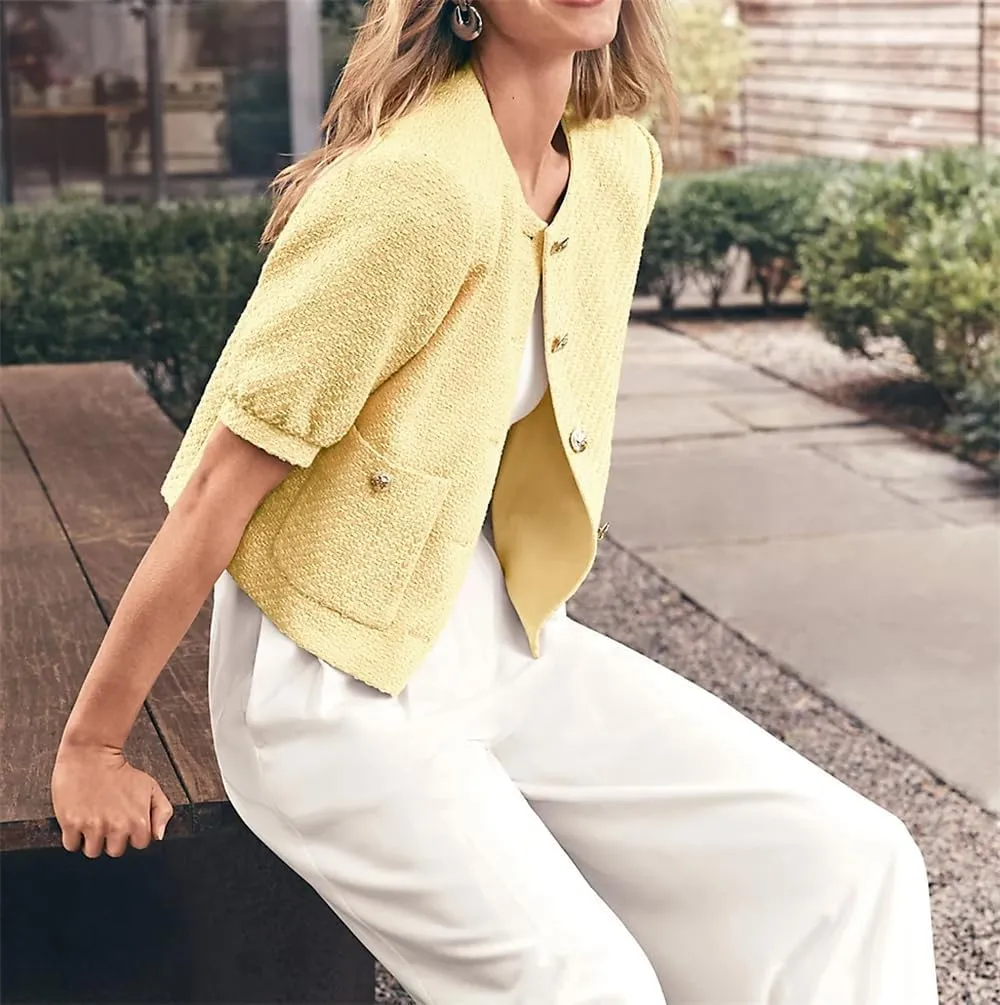 Women's Cropped Crew Neck Casual Tweed Blazer Elegant Work Office Puff Short Sleeve Jacket with Pockets