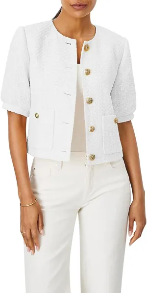 Women's Cropped Crew Neck Casual Tweed Blazer Elegant Work Office Puff Short Sleeve Jacket with Pockets