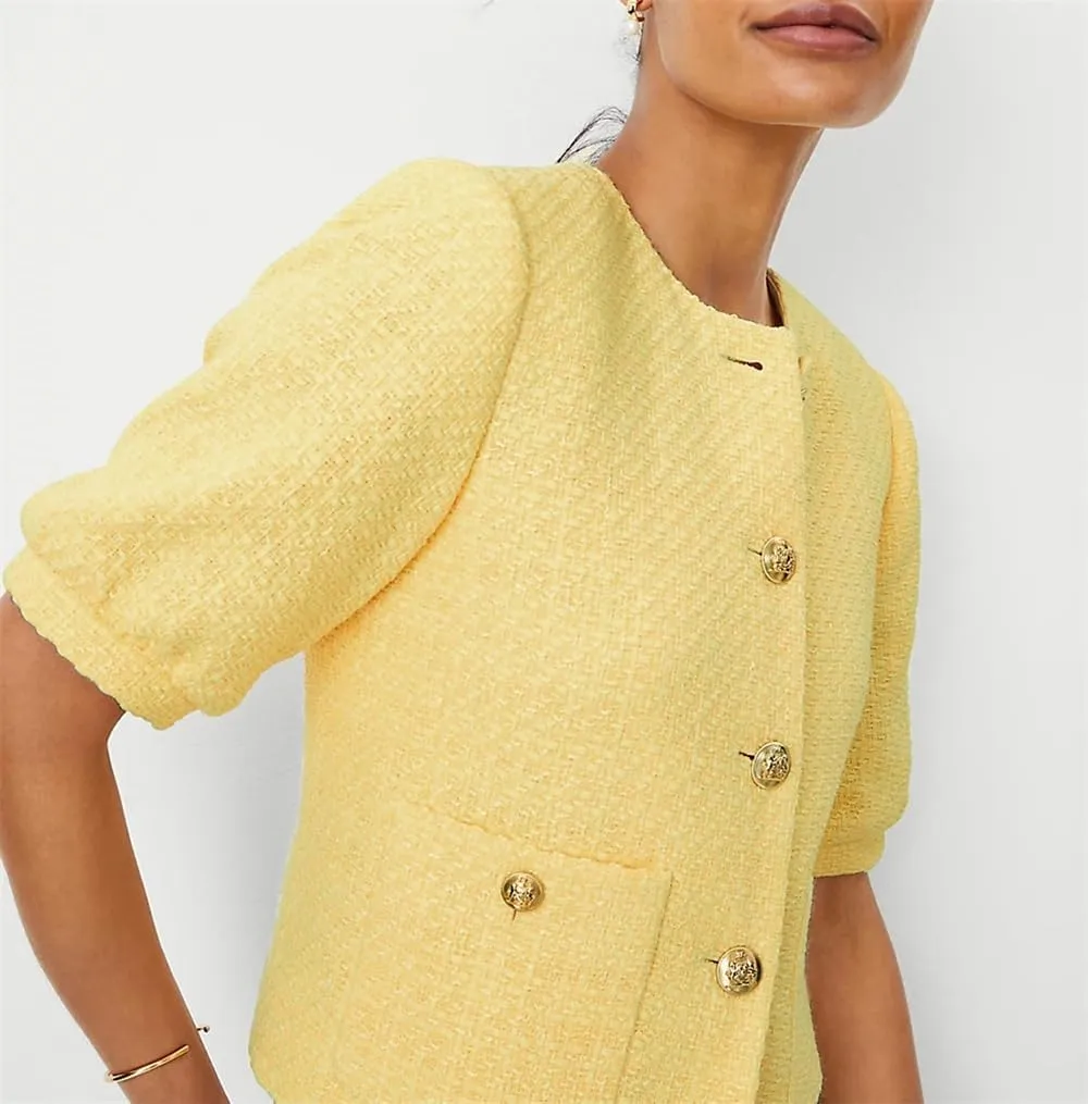 Women's Cropped Crew Neck Casual Tweed Blazer Elegant Work Office Puff Short Sleeve Jacket with Pockets
