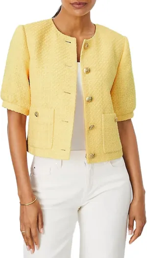 Women's Cropped Crew Neck Casual Tweed Blazer Elegant Work Office Puff Short Sleeve Jacket with Pockets