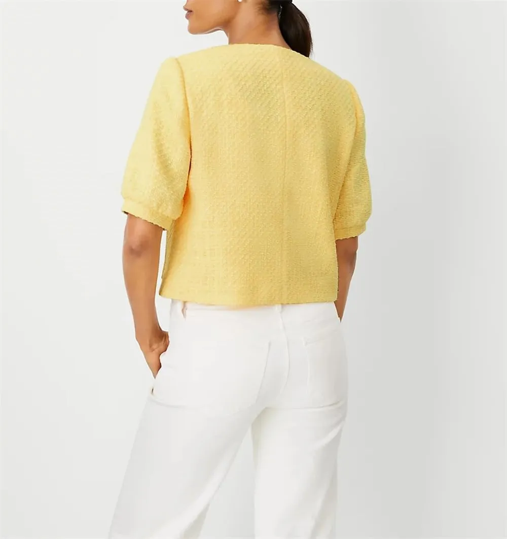 Women's Cropped Crew Neck Casual Tweed Blazer Elegant Work Office Puff Short Sleeve Jacket with Pockets