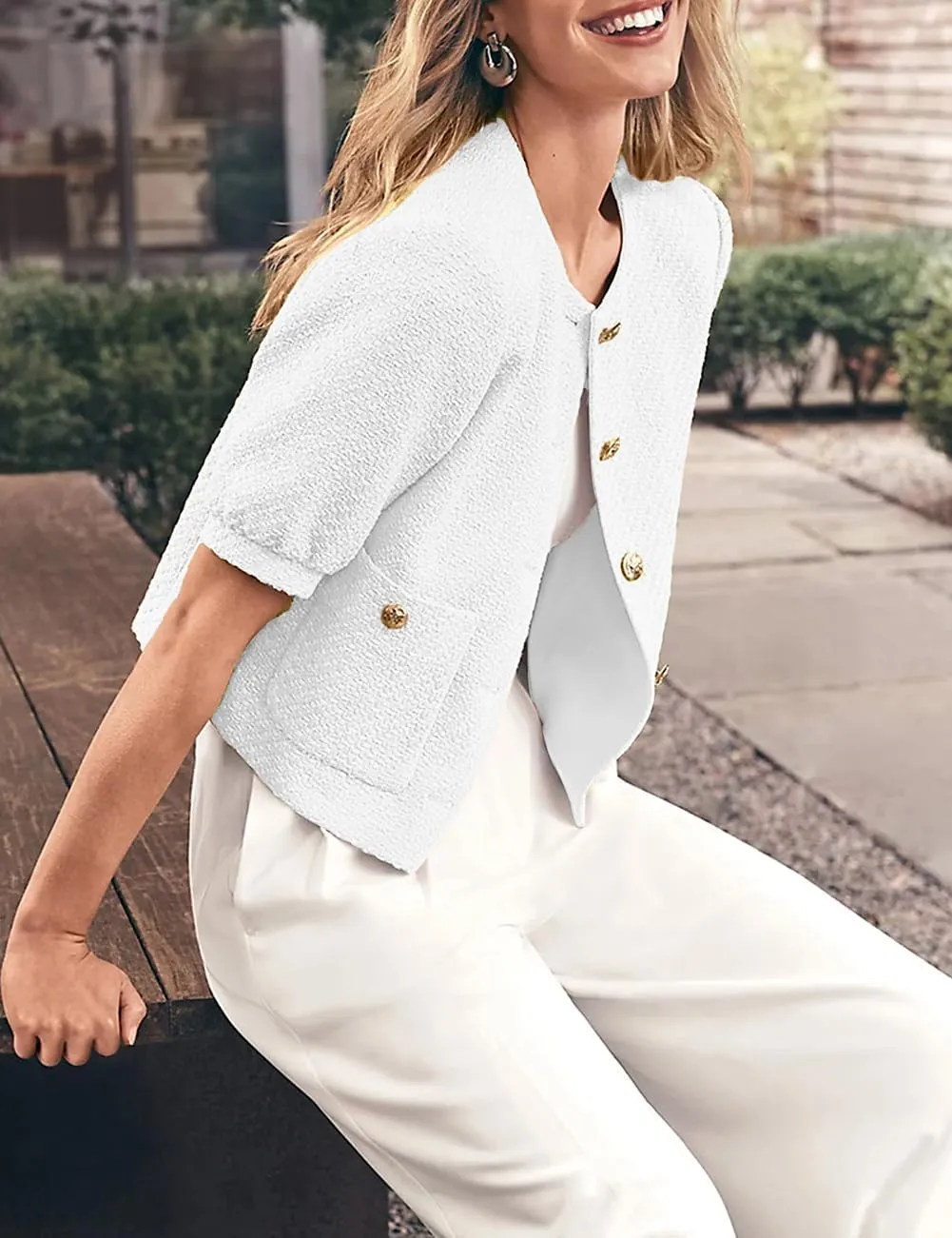 Women's Cropped Crew Neck Casual Tweed Blazer Elegant Work Office Puff Short Sleeve Jacket with Pockets