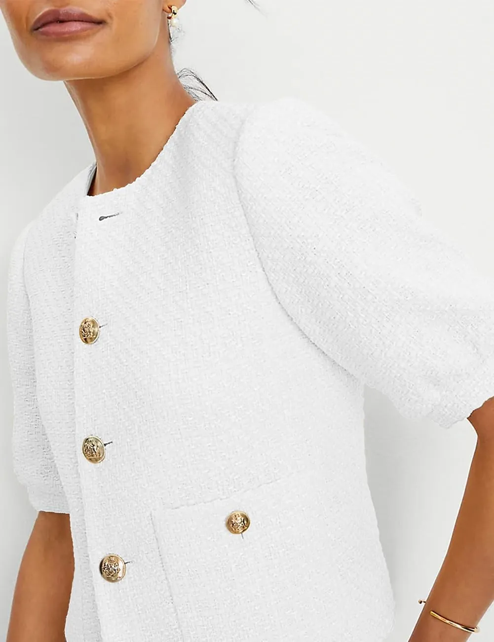 Women's Cropped Crew Neck Casual Tweed Blazer Elegant Work Office Puff Short Sleeve Jacket with Pockets
