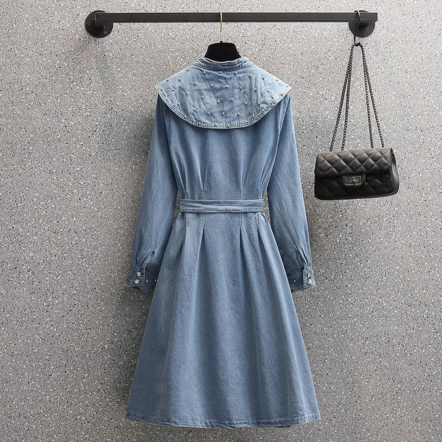 Women's Denim Shirt Dress Retro Casual Doll Neck Denim Skirt high Waisted Slim Fitting A-line Denim Skirt Long Skirt