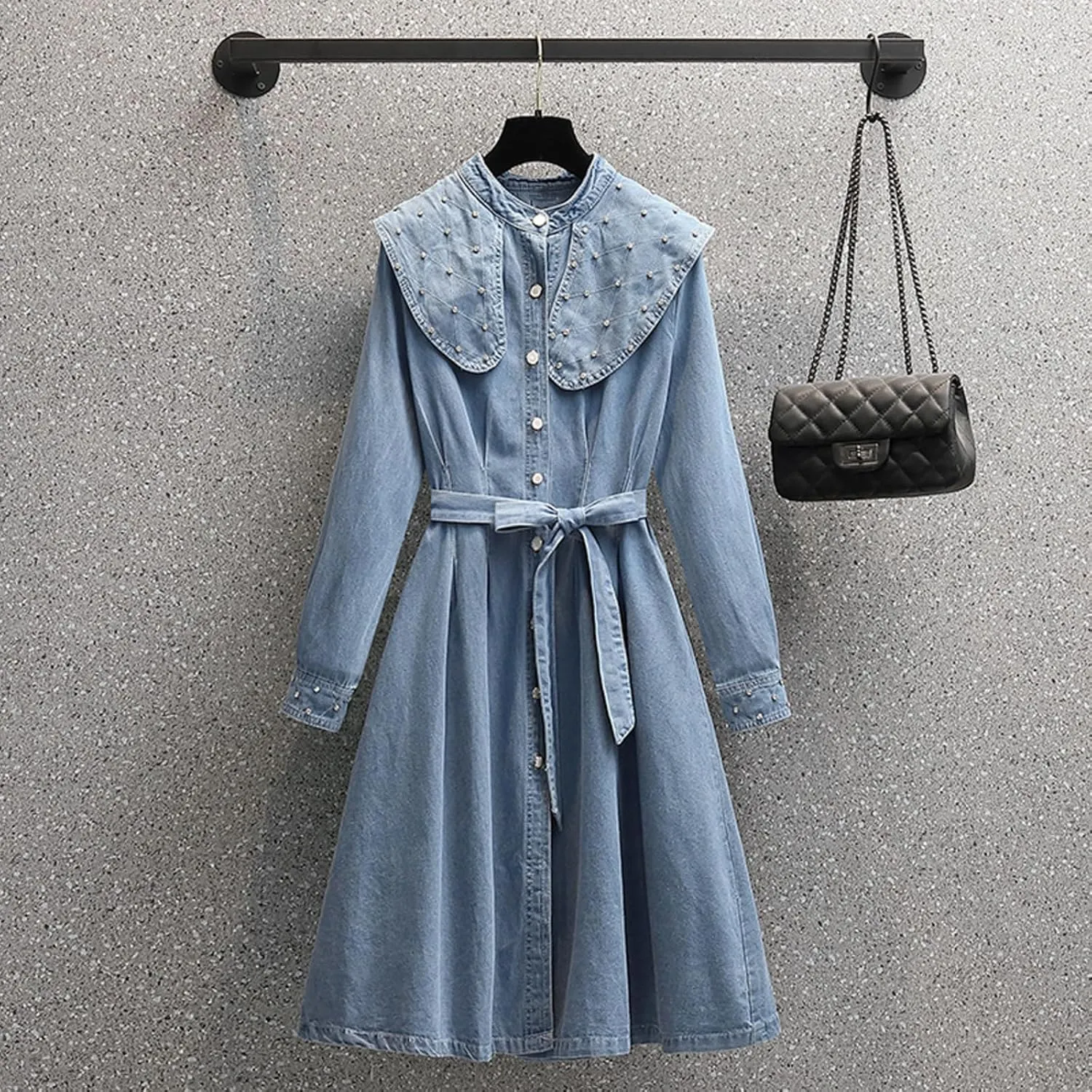 Women's Denim Shirt Dress Retro Casual Doll Neck Denim Skirt high Waisted Slim Fitting A-line Denim Skirt Long Skirt