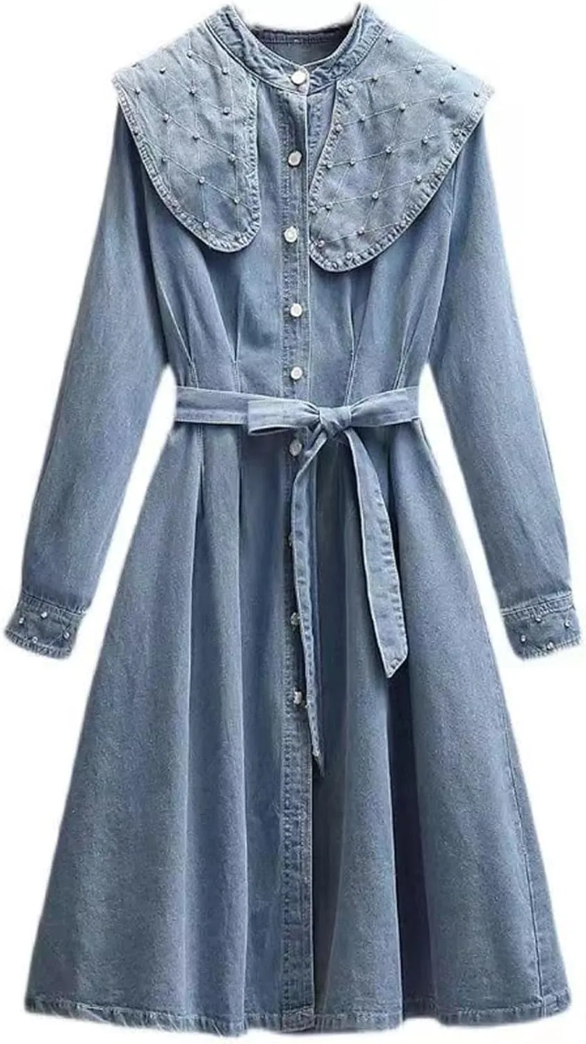 Women's Denim Shirt Dress Retro Casual Doll Neck Denim Skirt high Waisted Slim Fitting A-line Denim Skirt Long Skirt
