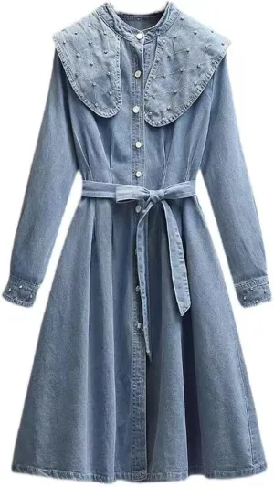 Women's Denim Shirt Dress Retro Casual Doll Neck Denim Skirt high Waisted Slim Fitting A-line Denim Skirt Long Skirt