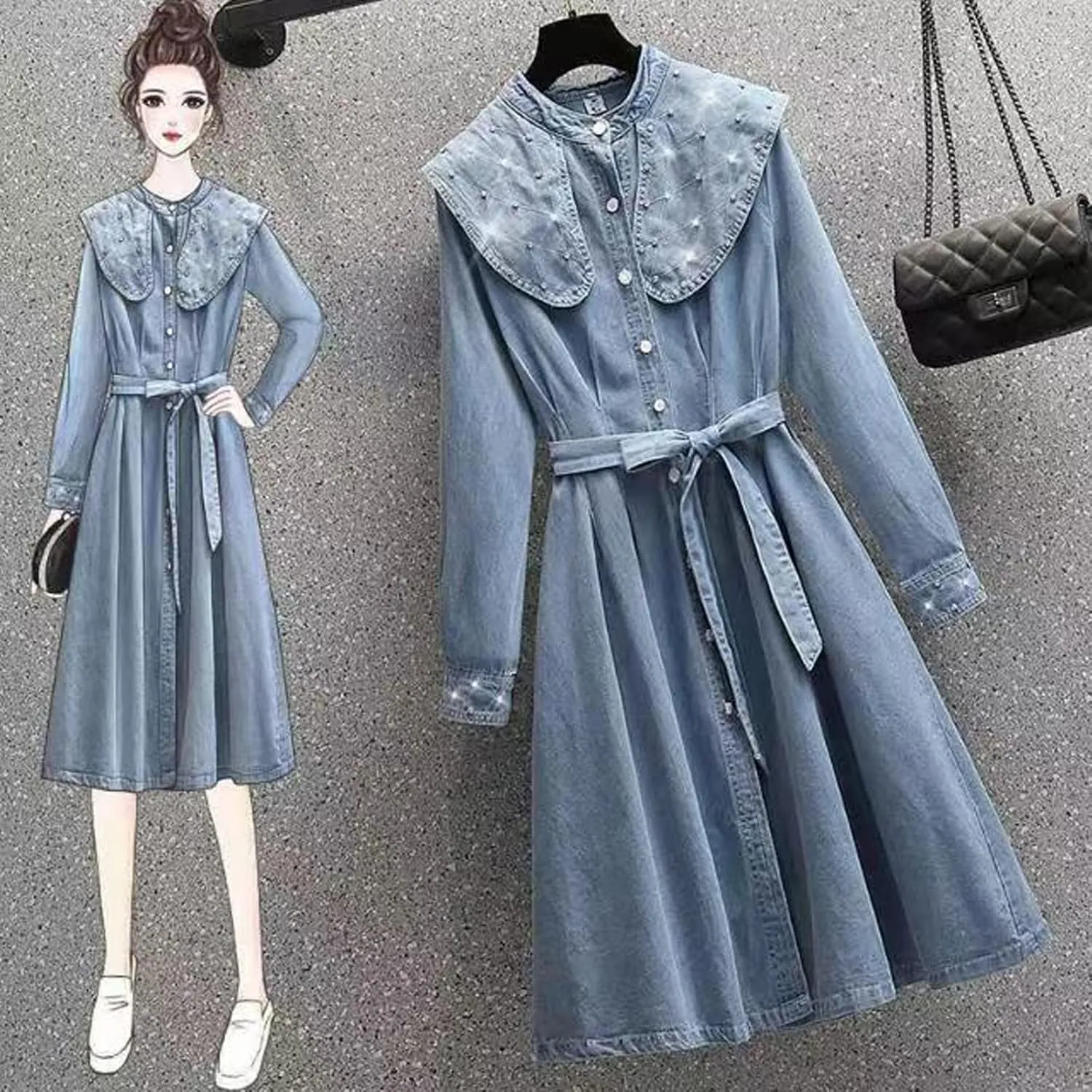 Women's Denim Shirt Dress Retro Casual Doll Neck Denim Skirt high Waisted Slim Fitting A-line Denim Skirt Long Skirt