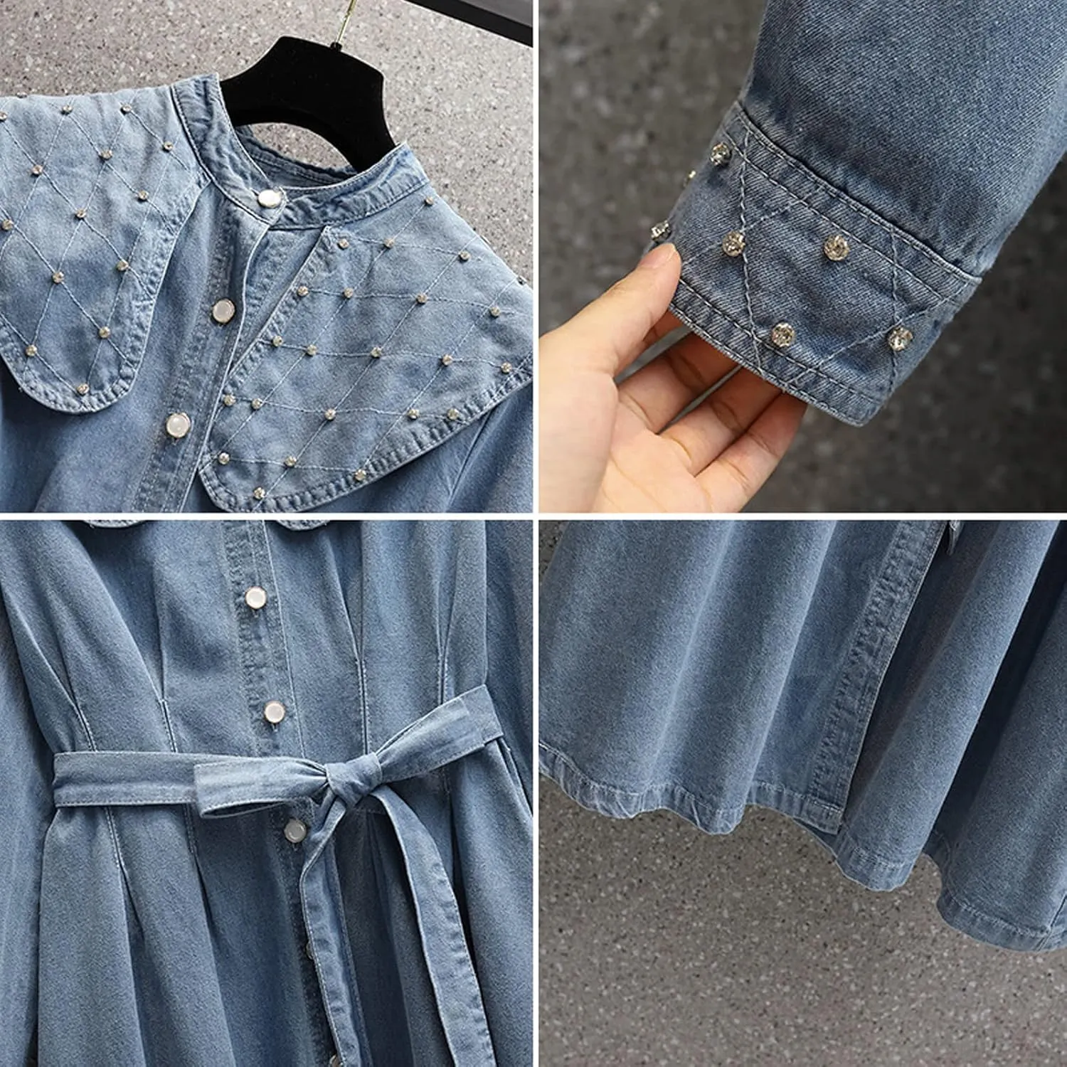 Women's Denim Shirt Dress Retro Casual Doll Neck Denim Skirt high Waisted Slim Fitting A-line Denim Skirt Long Skirt