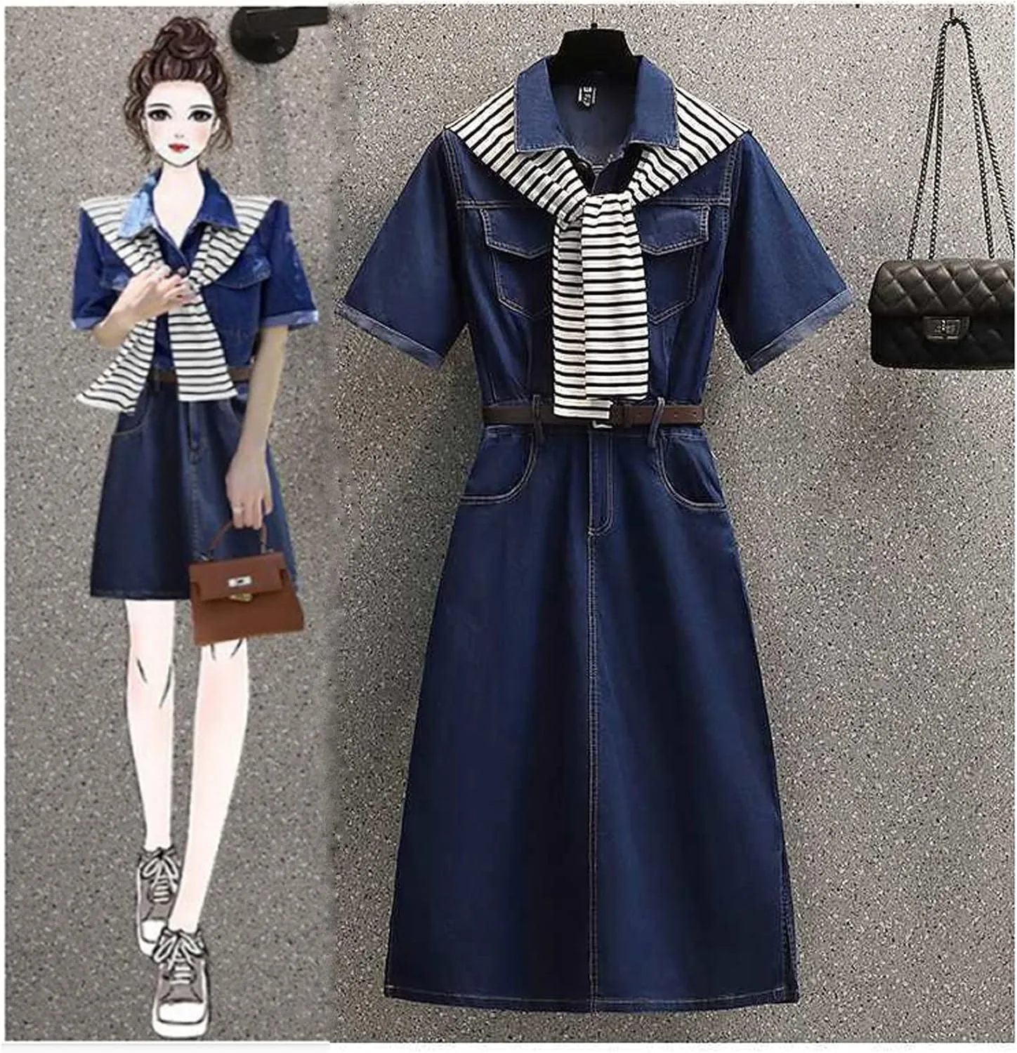 Women's Denim Shirt Dress Retro high Waisted A-line Denim Skirt Single Button Casual Denim Skirt