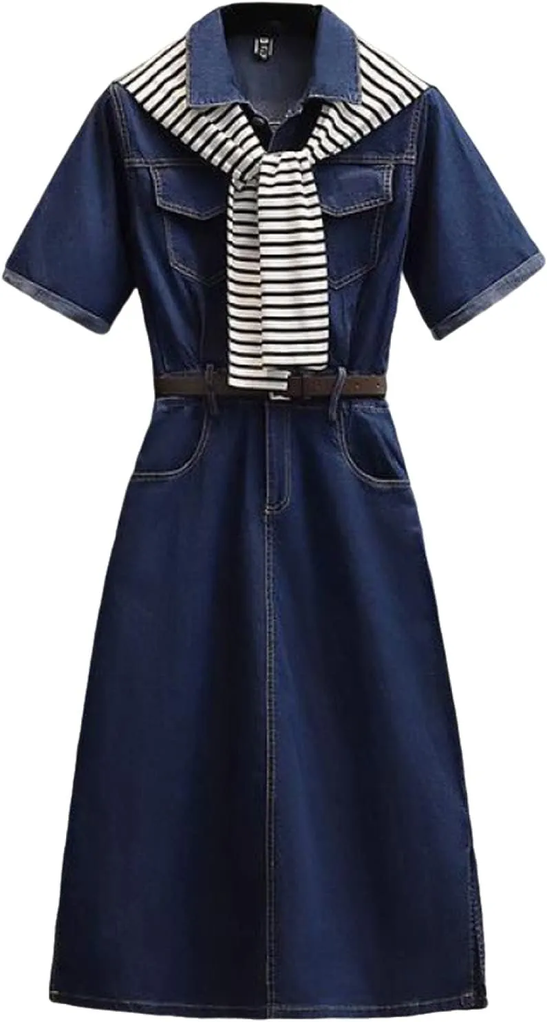 Women's Denim Shirt Dress Retro high Waisted A-line Denim Skirt Single Button Casual Denim Skirt