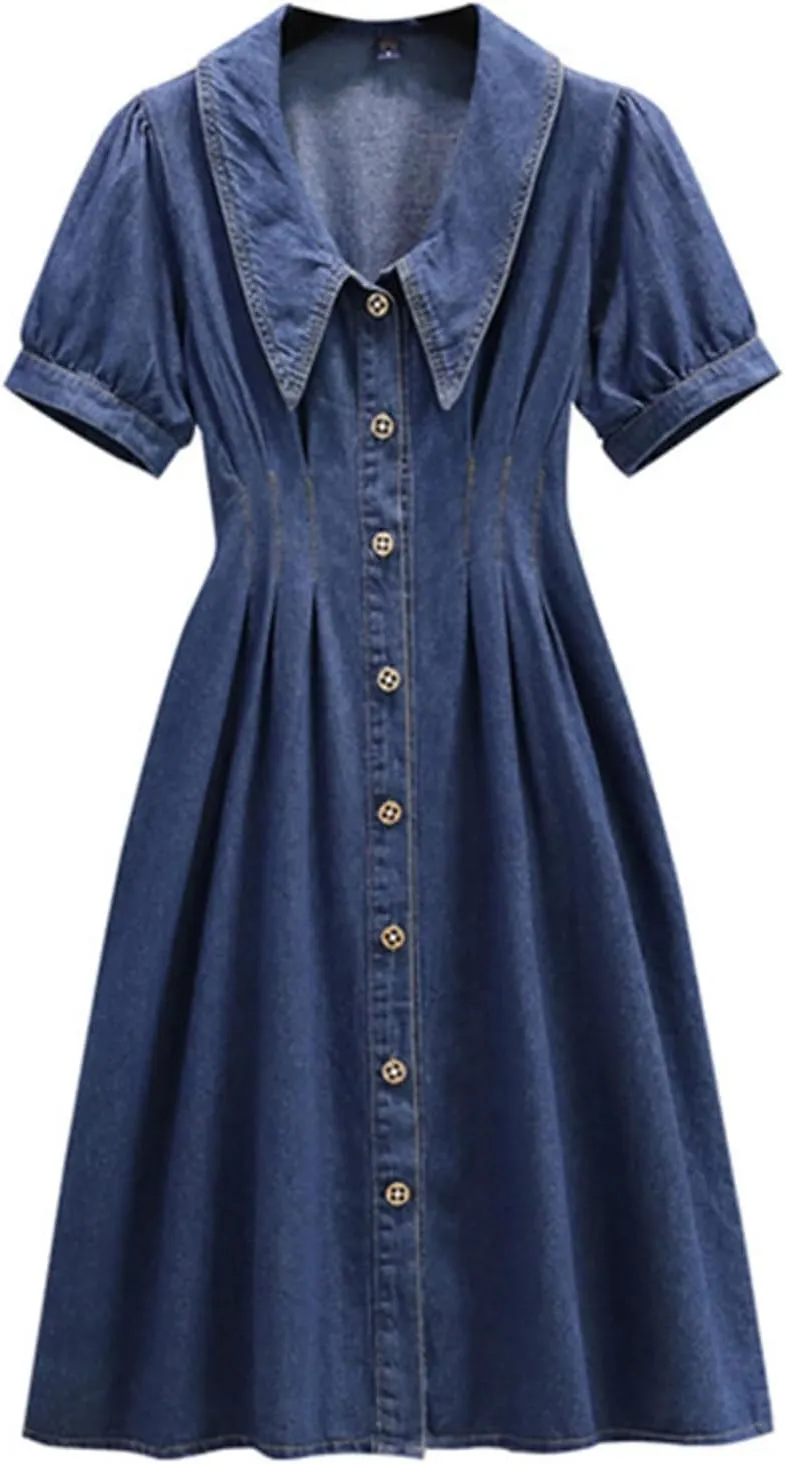 Women's Denim Skirt Casual midi Short Sleeved Single Button Denim Dress high Waisted Slim Fitting Denim Long Skirt