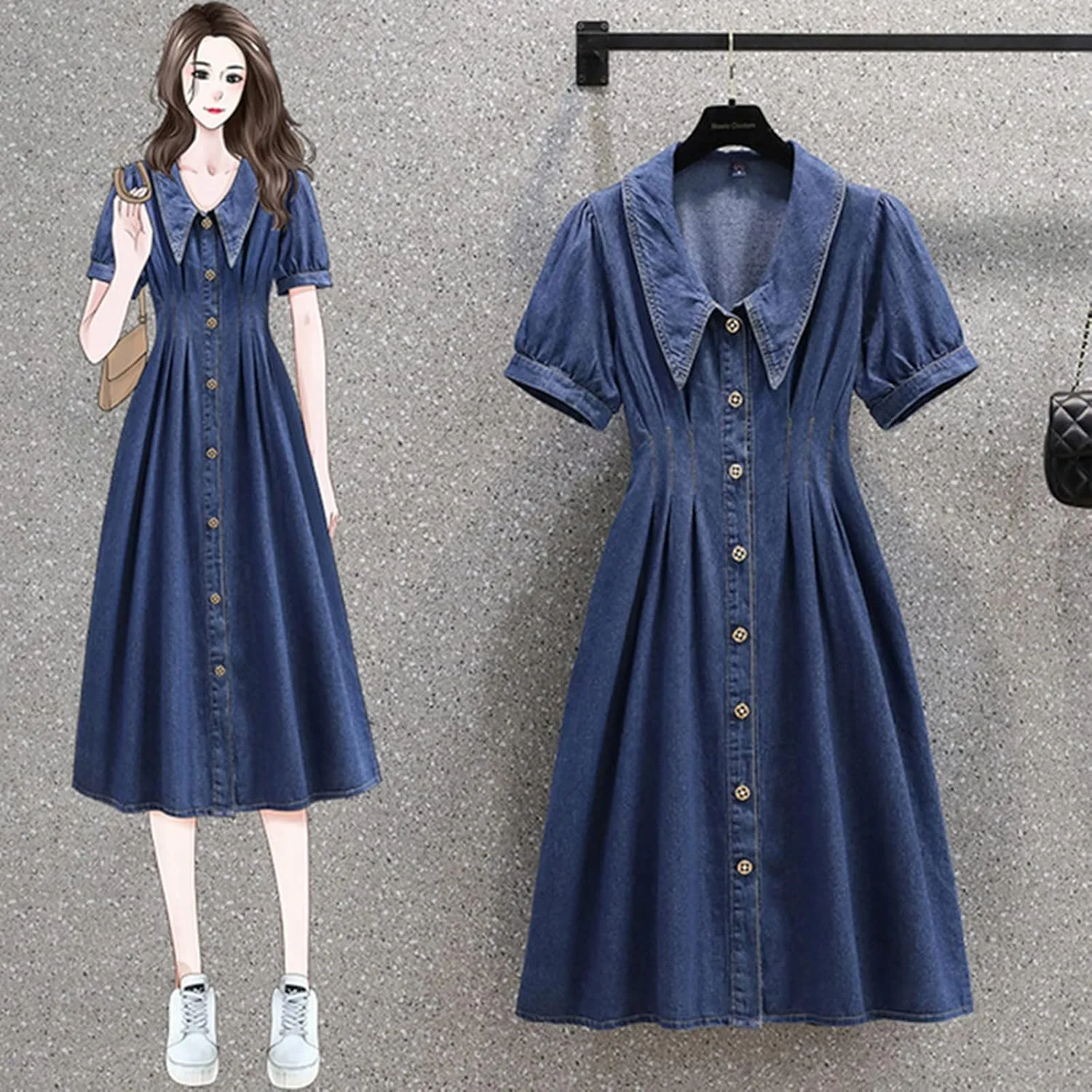 Women's Denim Skirt Casual midi Short Sleeved Single Button Denim Dress high Waisted Slim Fitting Denim Long Skirt