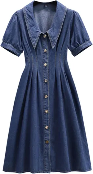 Women's Denim Skirt Casual midi Short Sleeved Single Button Denim Dress high Waisted Slim Fitting Denim Long Skirt