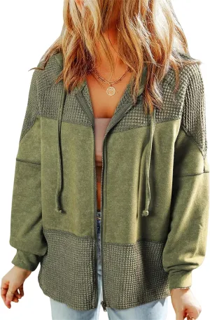 Women's Drawstring Waffle Hoodies Oversized Zip Up Patchwork Jackets Fall Casual Long Sleeve Vintage Outwear Coats