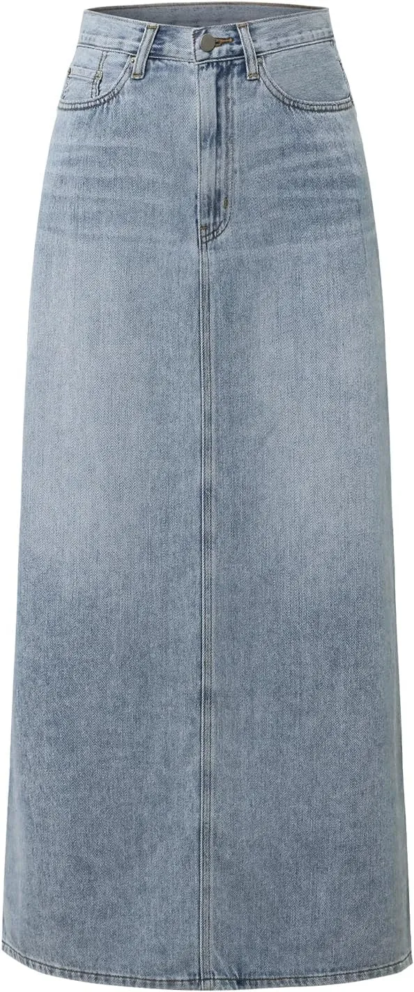Women's Extra Long Pencil Denim Skirt Casual High Waist A-Line Denim Skirt