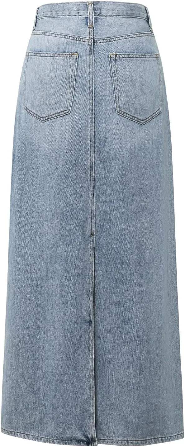 Women's Extra Long Pencil Denim Skirt Casual High Waist A-Line Denim Skirt