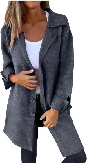 Womens Fall Winter Wool Blend Overcoat Trendy Single Breasted Mid-Long Trench Coat Oversized Lapel Pocketed Peacoat