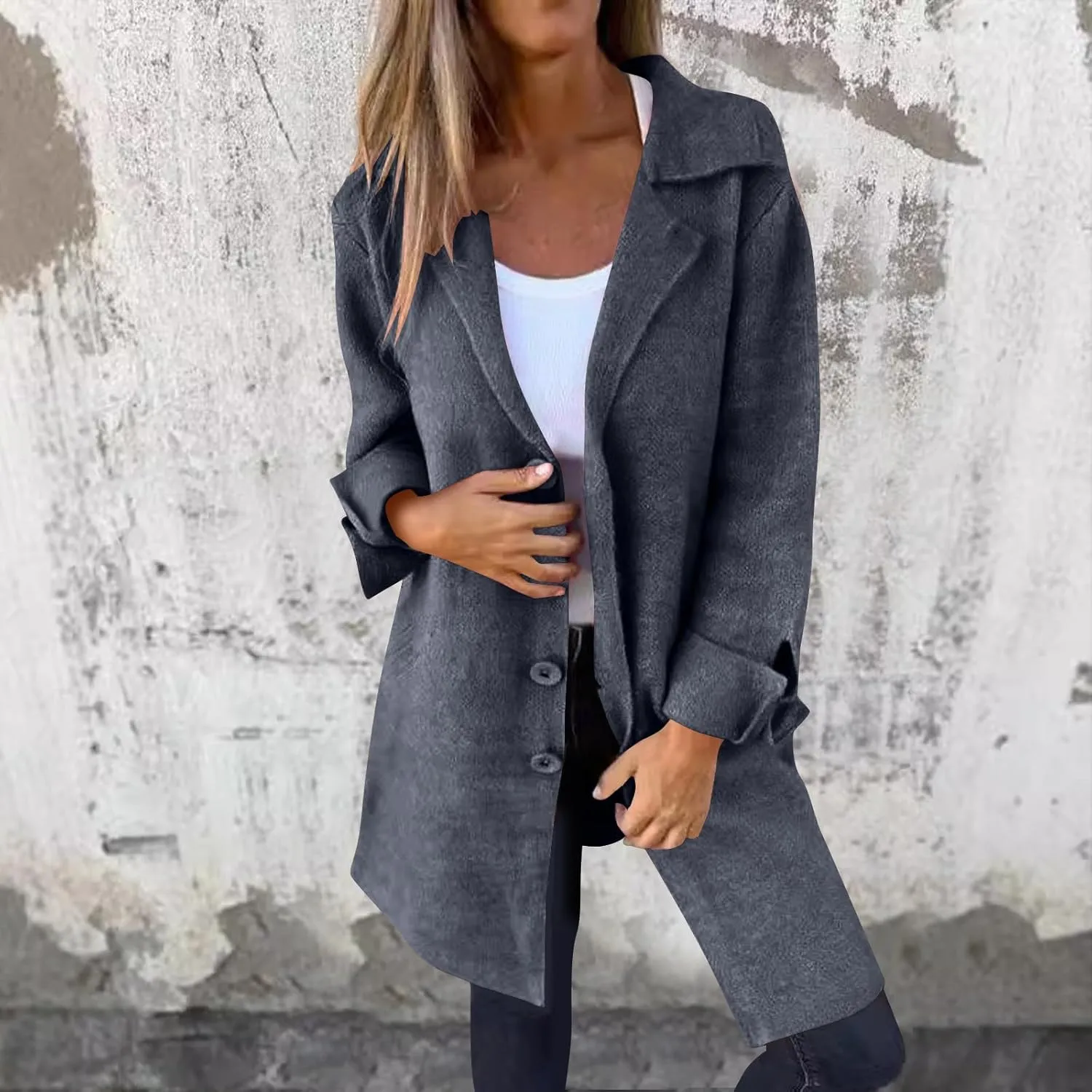Womens Fall Winter Wool Blend Overcoat Trendy Single Breasted Mid-Long Trench Coat Oversized Lapel Pocketed Peacoat