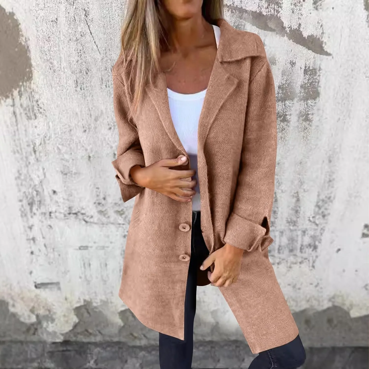 Womens Fall Winter Wool Blend Overcoat Trendy Single Breasted Mid-Long Trench Coat Oversized Lapel Pocketed Peacoat