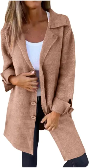 Womens Fall Winter Wool Blend Overcoat Trendy Single Breasted Mid-Long Trench Coat Oversized Lapel Pocketed Peacoat
