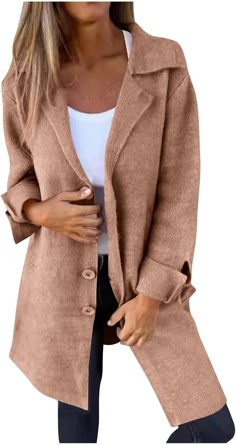 Womens Fall Winter Wool Blend Overcoat Trendy Single Breasted Mid-Long Trench Coat Oversized Lapel Pocketed Peacoat