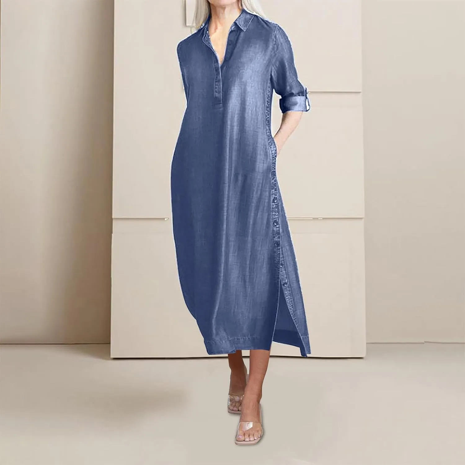Women's Fashion Denim Dress New Shirt Collar Denim Button Long Skirt Outfit Plus Size Denim Dresses Summer Casual Shirt Dress