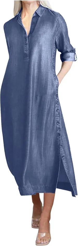 Women's Fashion Denim Dress New Shirt Collar Denim Button Long Skirt Outfit Plus Size Denim Dresses Summer Casual Shirt Dress