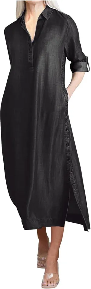 Women's Fashion Denim Dress New Shirt Collar Denim Button Long Skirt Outfit Plus Size Denim Dresses Summer Casual Shirt Dress