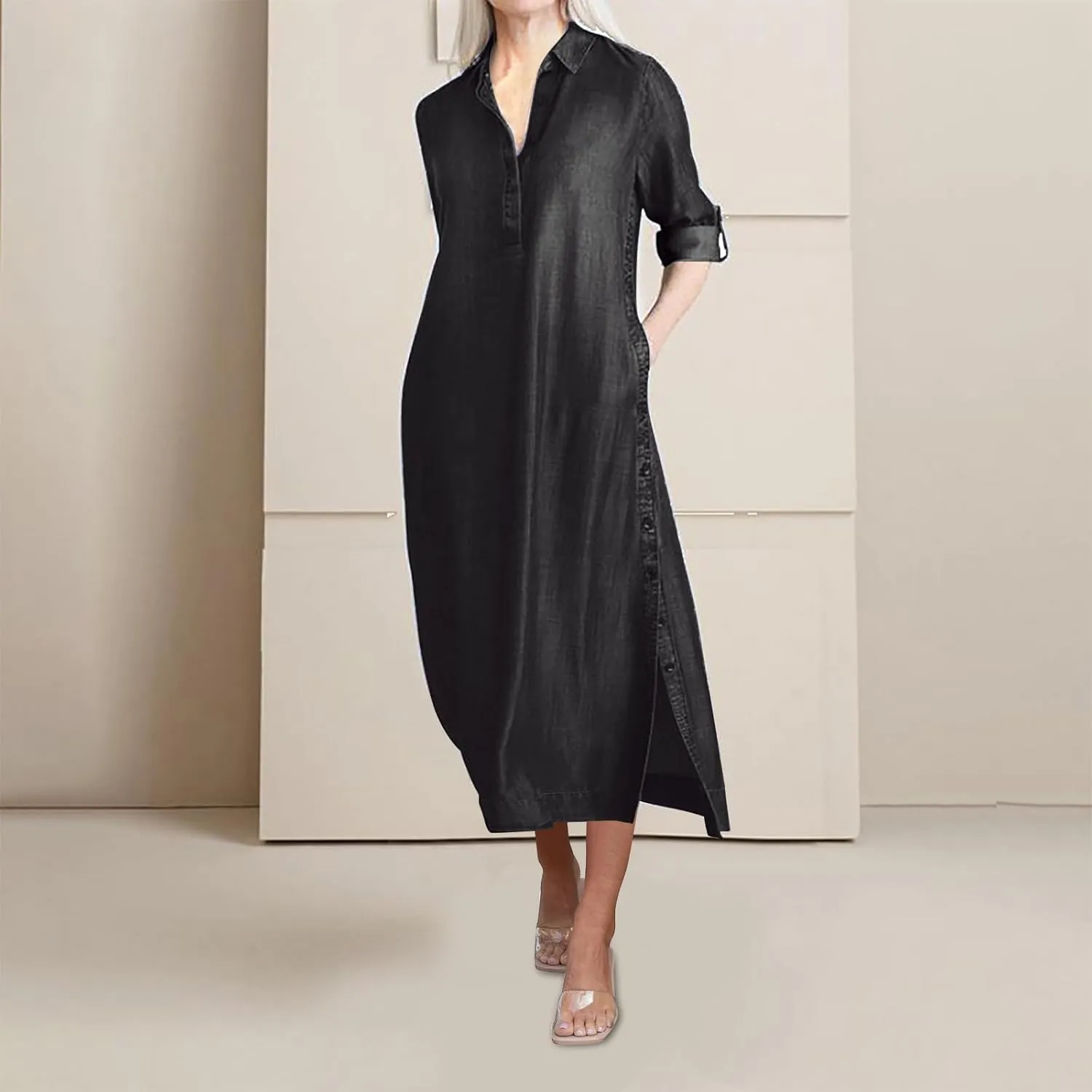 Women's Fashion Denim Dress New Shirt Collar Denim Button Long Skirt Outfit Plus Size Denim Dresses Summer Casual Shirt Dress