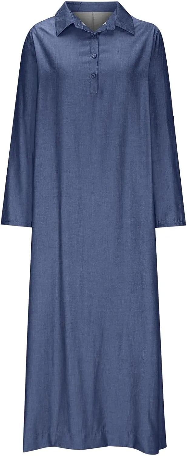 Women's Fashion Denim Dress New Shirt Collar Denim Button Long Skirt Outfit Plus Size Denim Dresses Summer Casual Shirt Dress