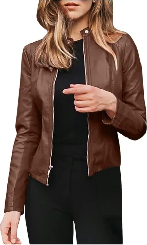 Women's Faux Leather Jackets Zip Up Short Motorcycle Outwear Slim Fitted PU Leather Coat Leather Moto Biker Jacket
