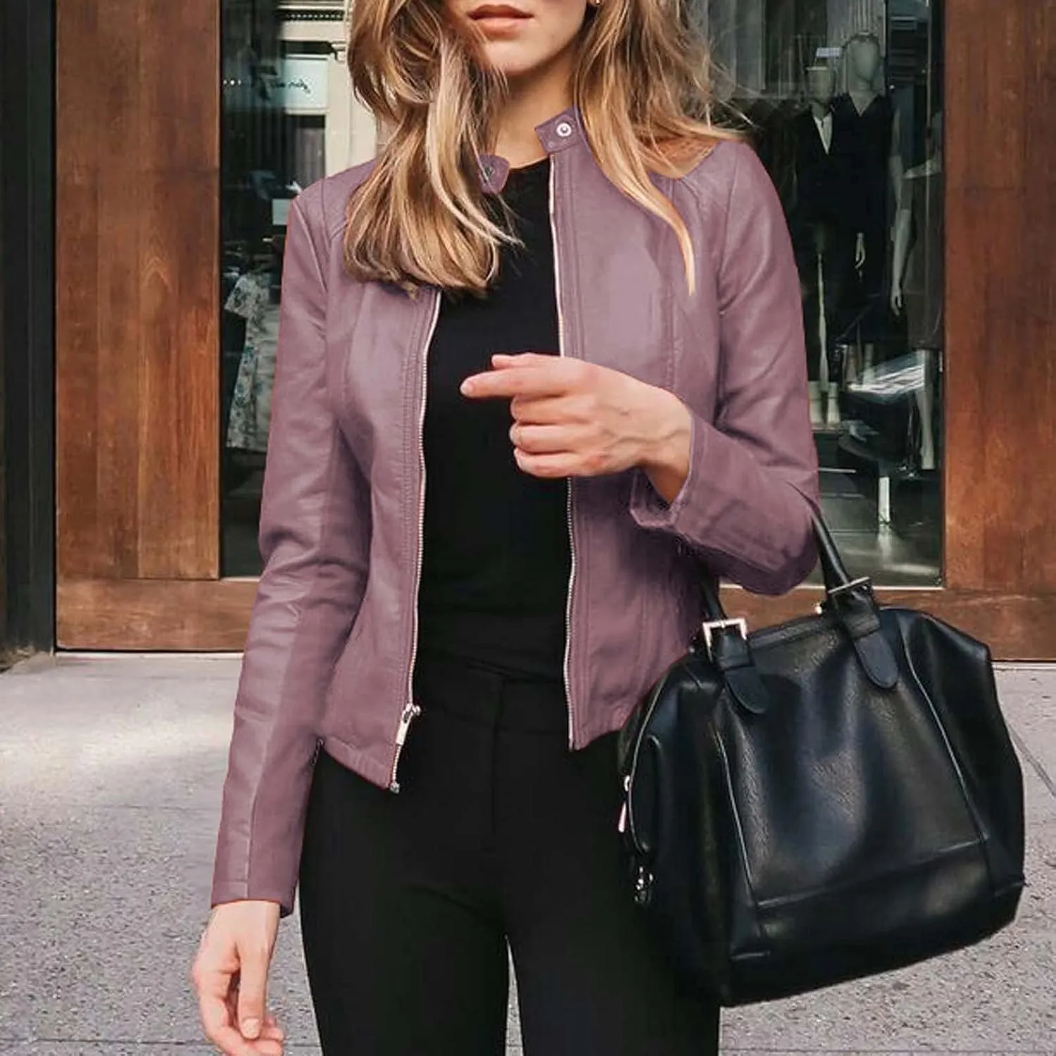 Women's Faux Leather Jackets Zip Up Short Motorcycle Outwear Slim Fitted PU Leather Coat Leather Moto Biker Jacket