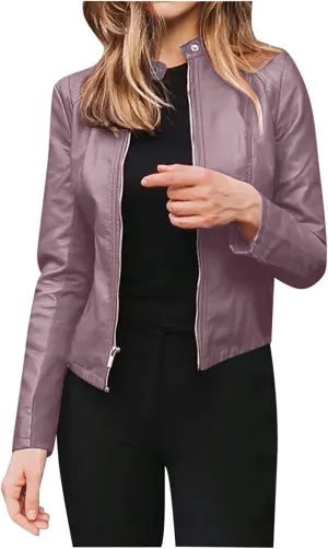 Women's Faux Leather Jackets Zip Up Short Motorcycle Outwear Slim Fitted PU Leather Coat Leather Moto Biker Jacket
