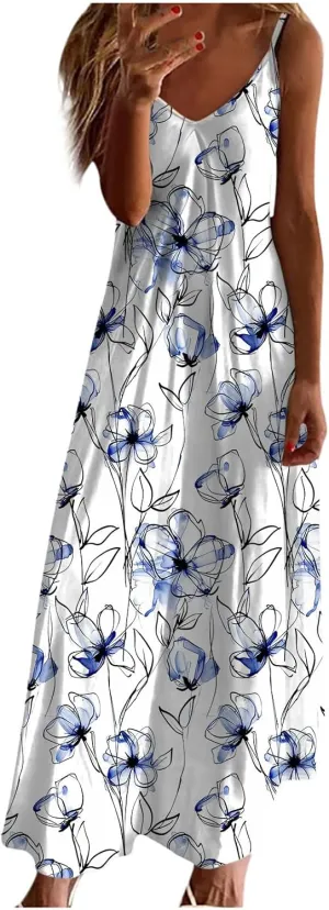 Womens Floral Maxi Dresses Spaghetti Strap Casual Summer Long Dress Vneck Flowy Boho Beach Sundress Vacation Outfits